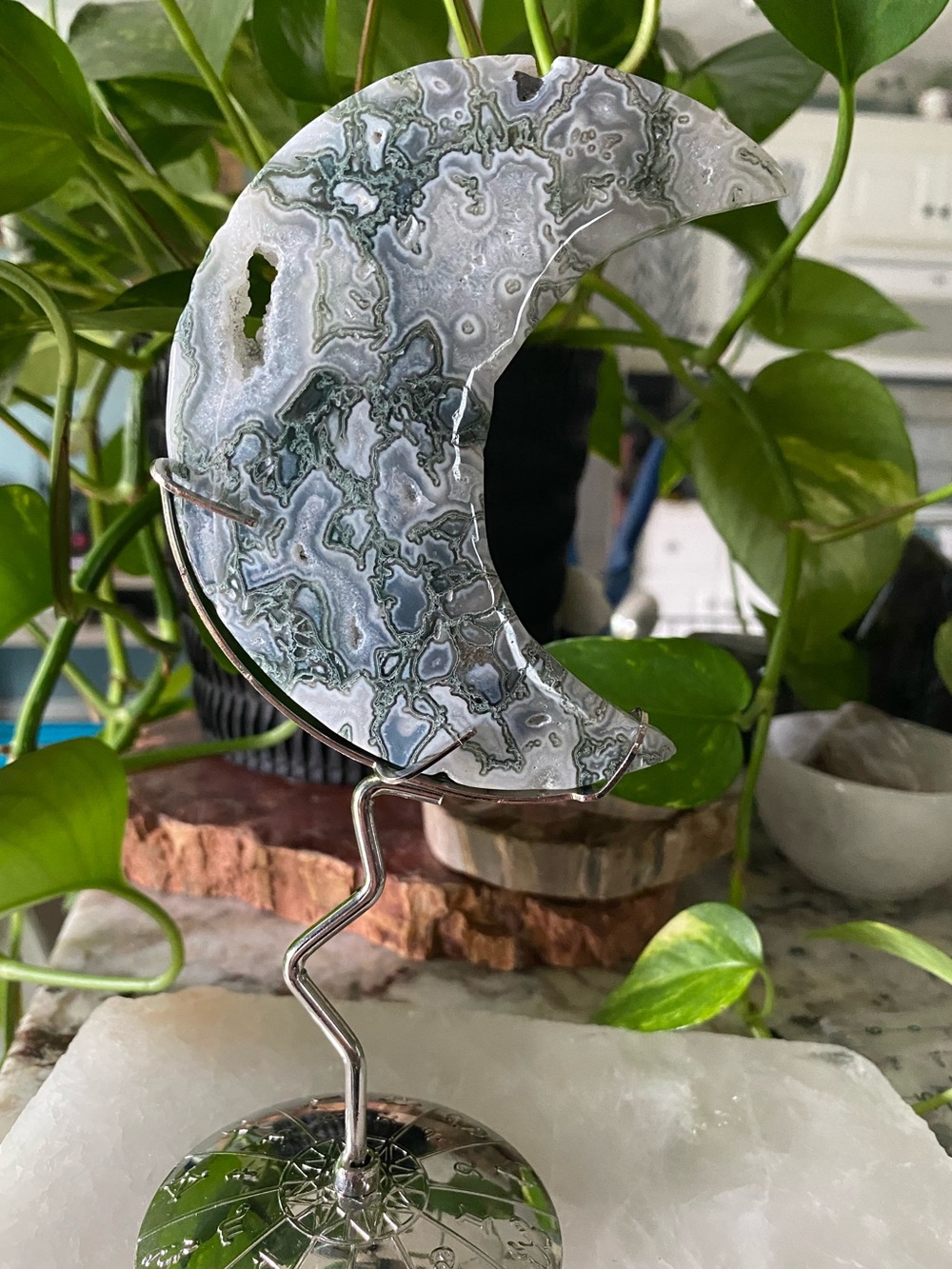 🌙✨ DRUZY MOSS AGATE MOON — A ONE-OF-A-KIND STATEMENT PIECE ✨🌙